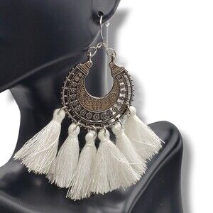 Silver Tone Medallion Long White Tassel Earrings Boho Statement